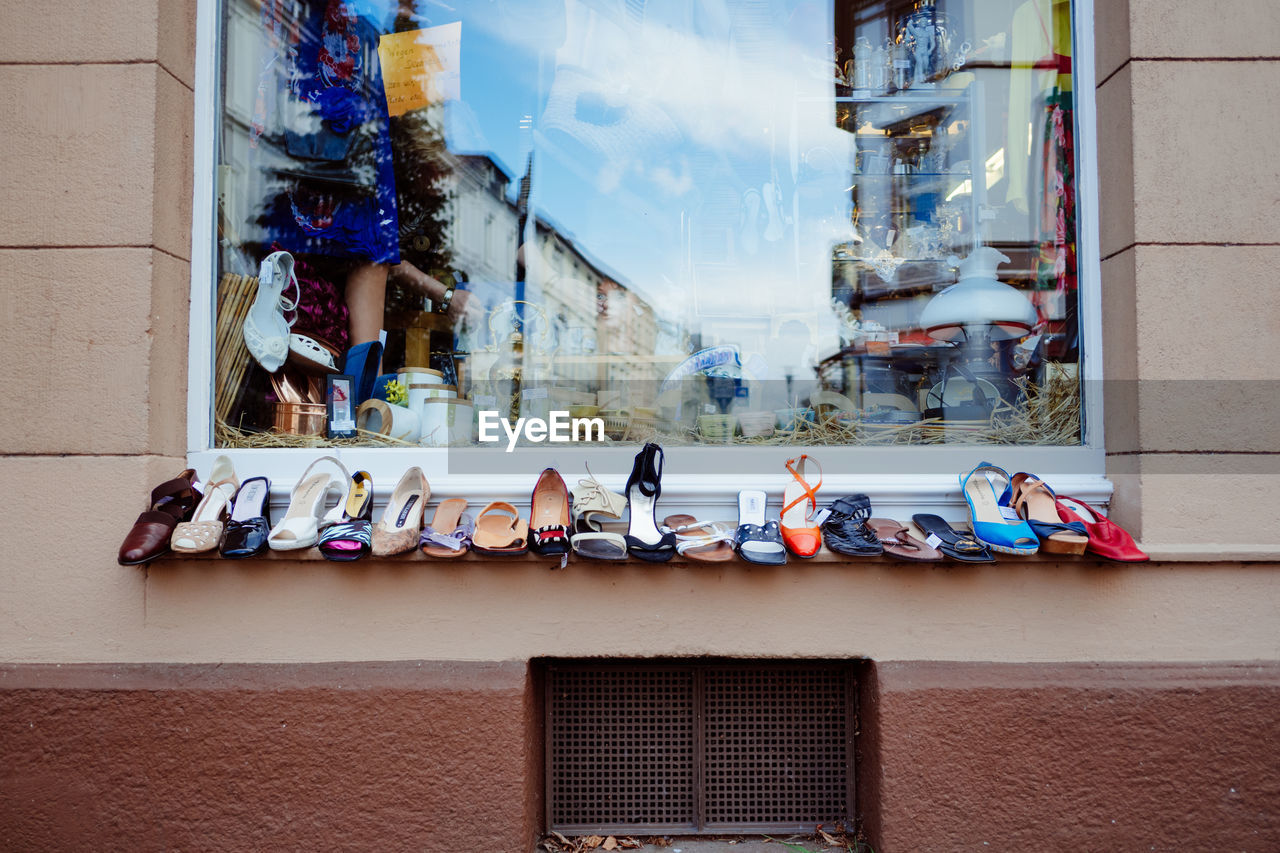 Colorful footwear on store window