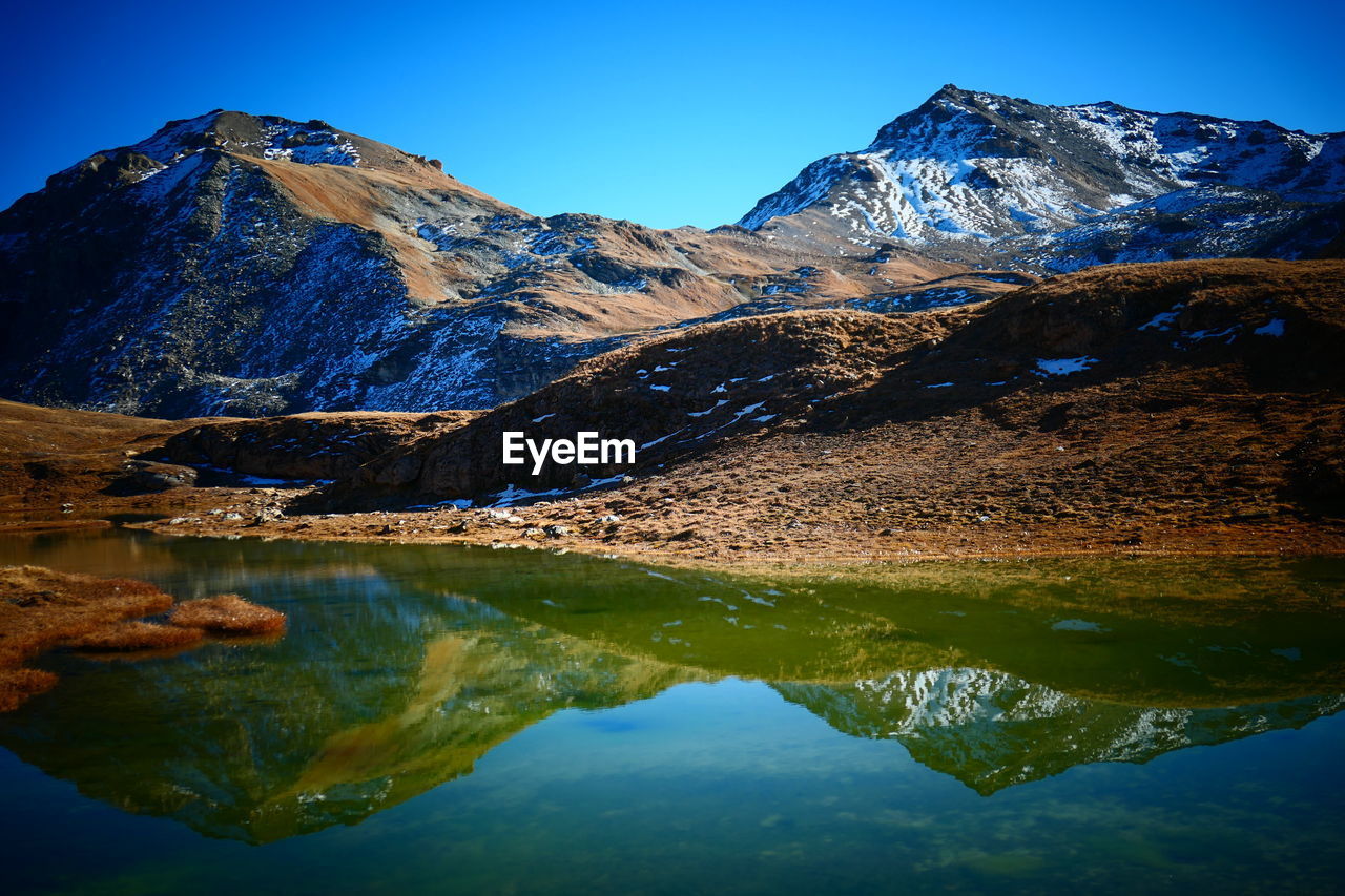 Scenic view of lake and mountains against blue sky