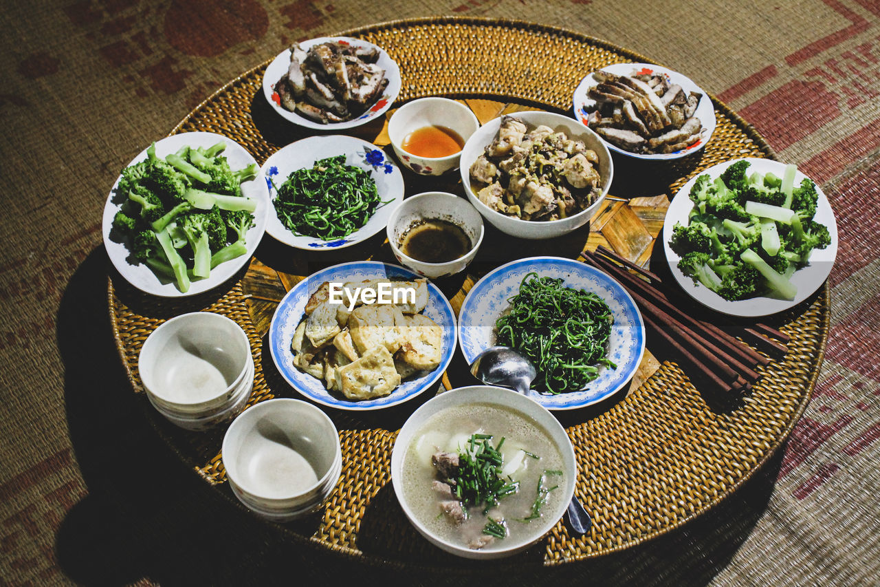 High angle view of meal served on table