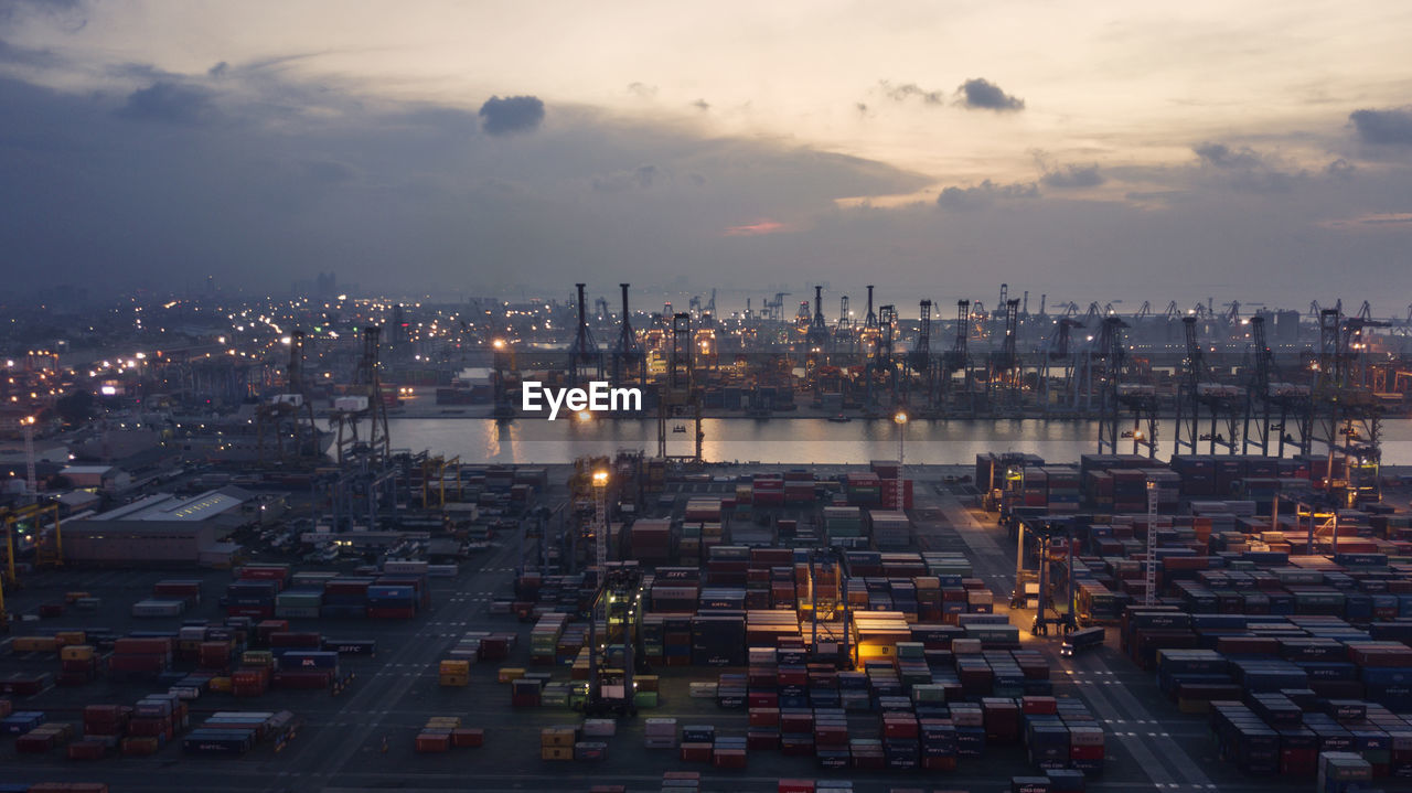 Aerial view of commercial dock during sunset