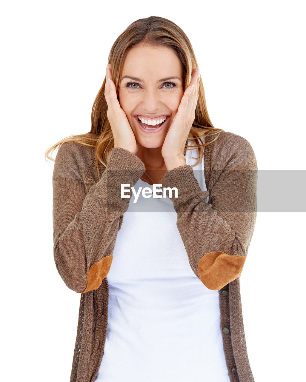 smiling, women, portrait, sleeve, adult, one person, looking at camera, happiness, outerwear, white background, emotion, studio shot, clothing, cut out, young adult, cheerful, female, indoors, teeth, smile, brown, cute, casual clothing, positive emotion, blond hair, relaxation, front view, hairstyle, hand, lifestyles, standing, waist up, long hair, fashion, finger, sweater, white, t-shirt, laughing, enjoyment, arm, joy, person, fun, collar, copy space