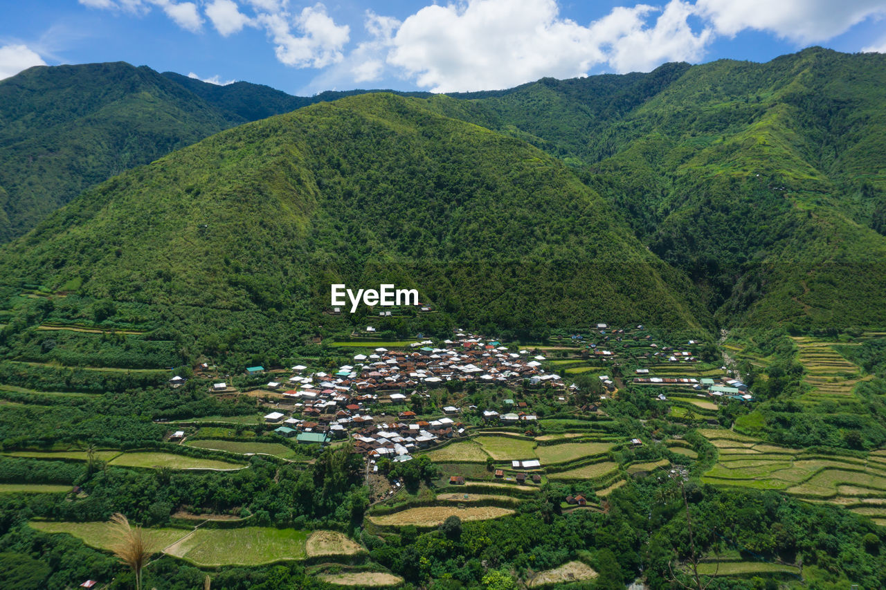 High angle view of agricultural field by buildings