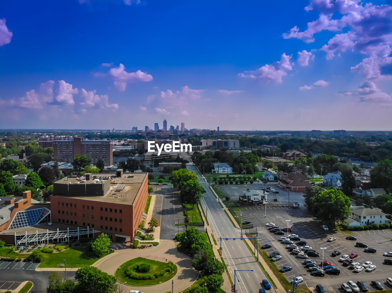 High angle view of buildings against sky