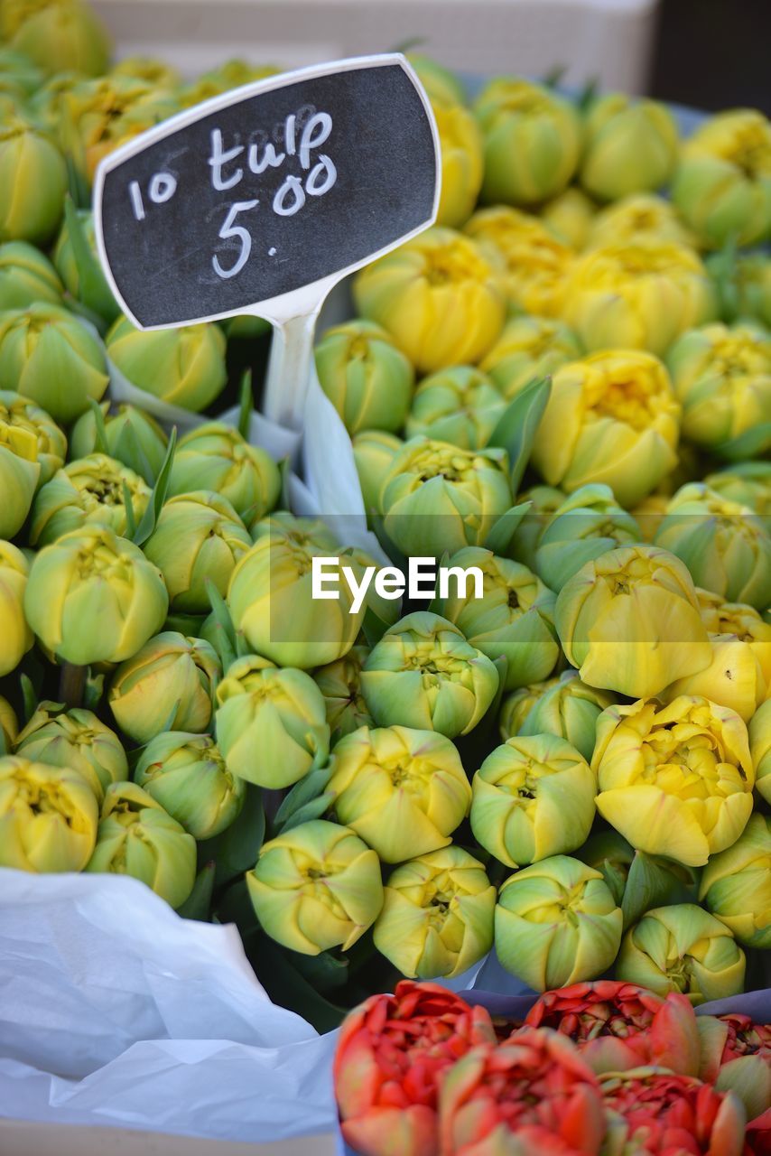 Various tulips for sale at market stall