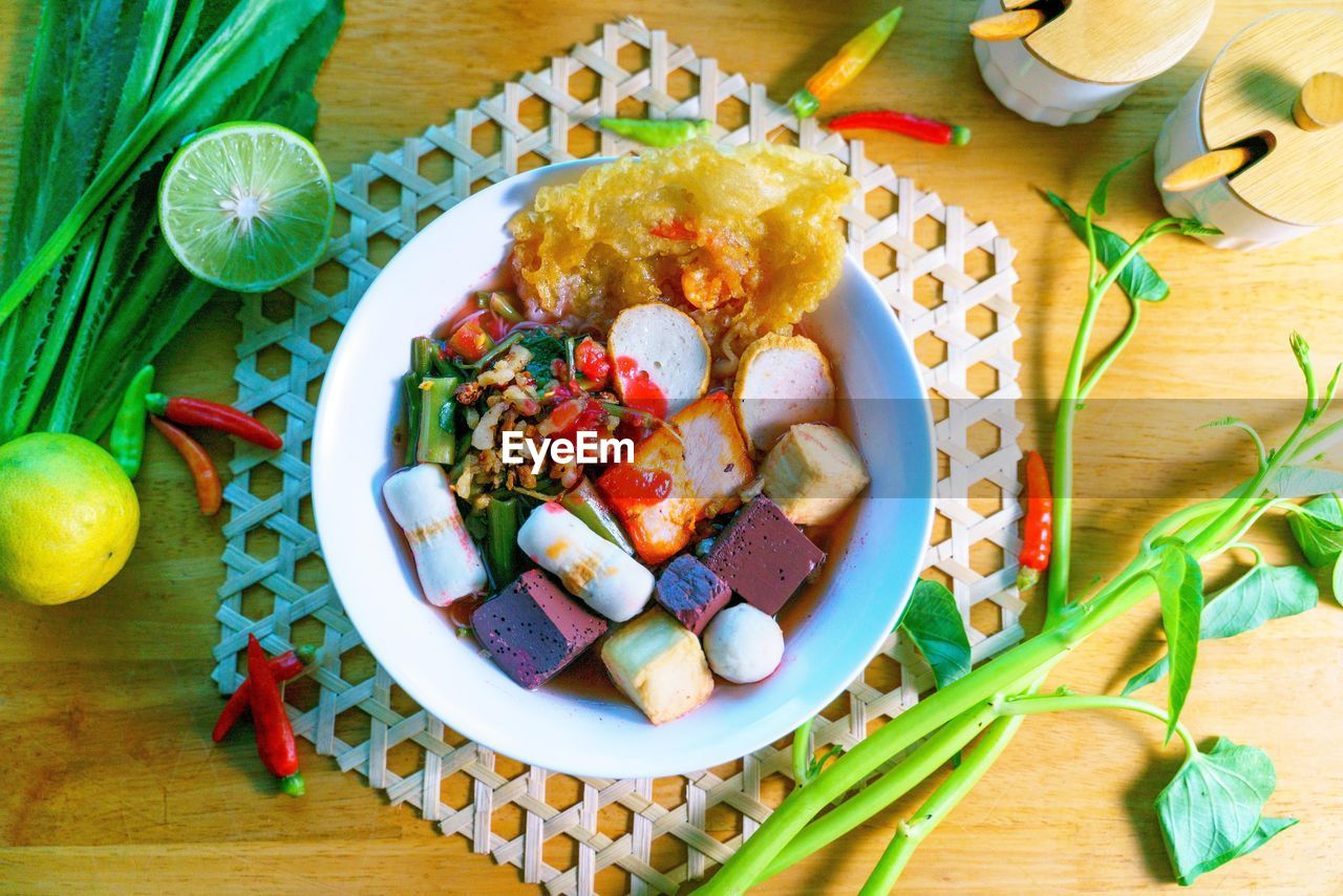 high angle view of food served in plate on table