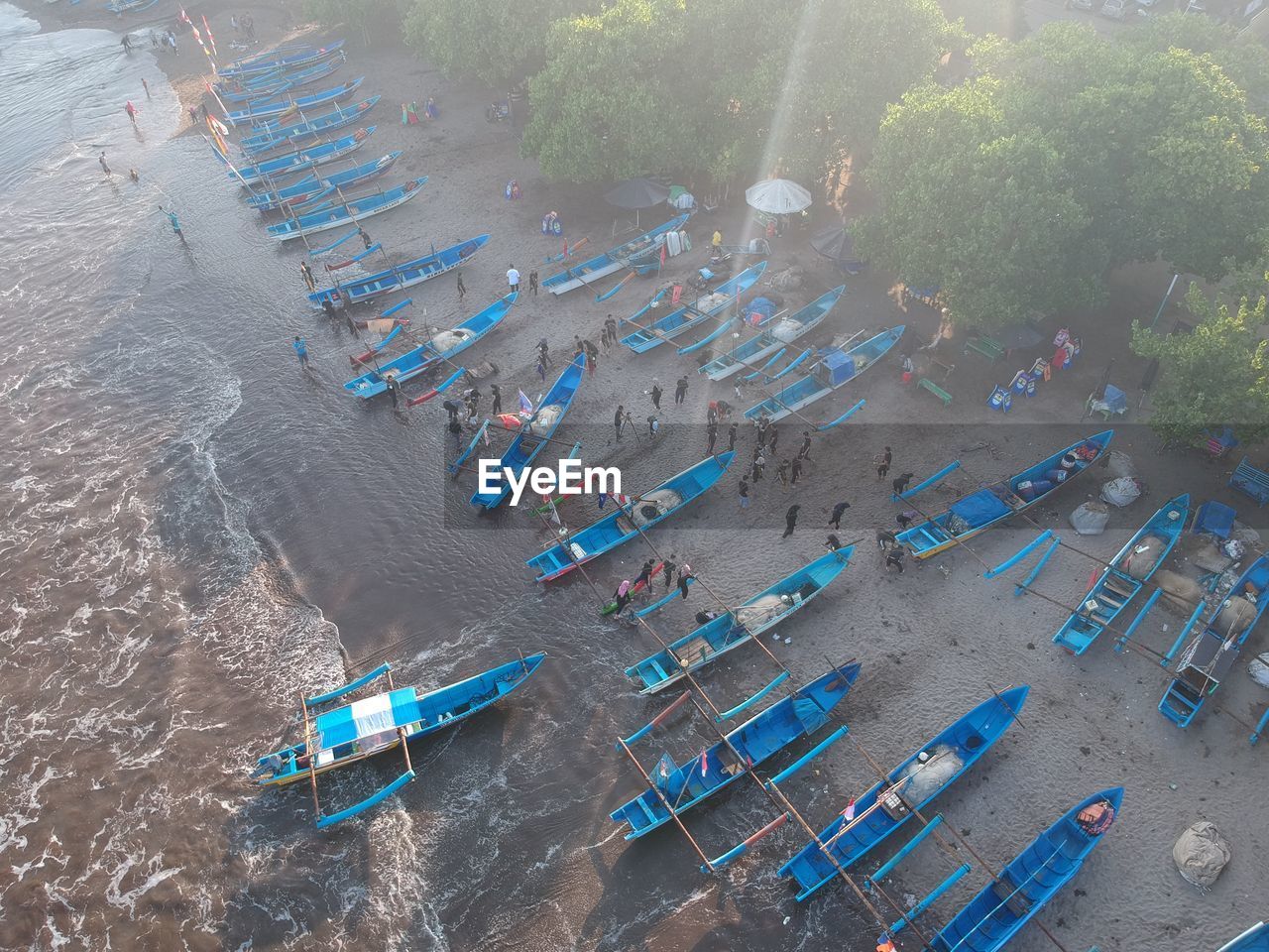 High angle view of boats on beach