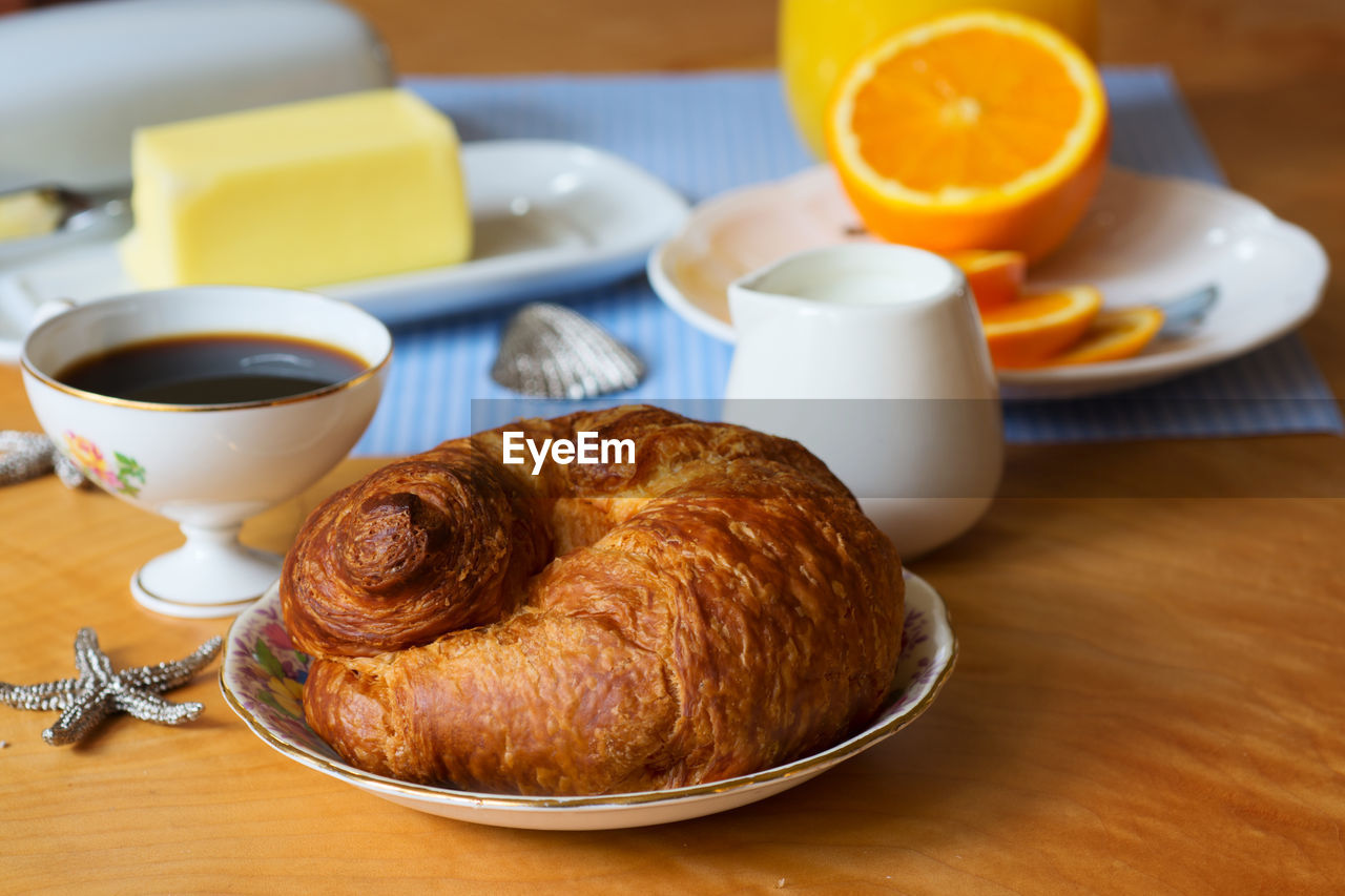 Close-up of breakfast served on table