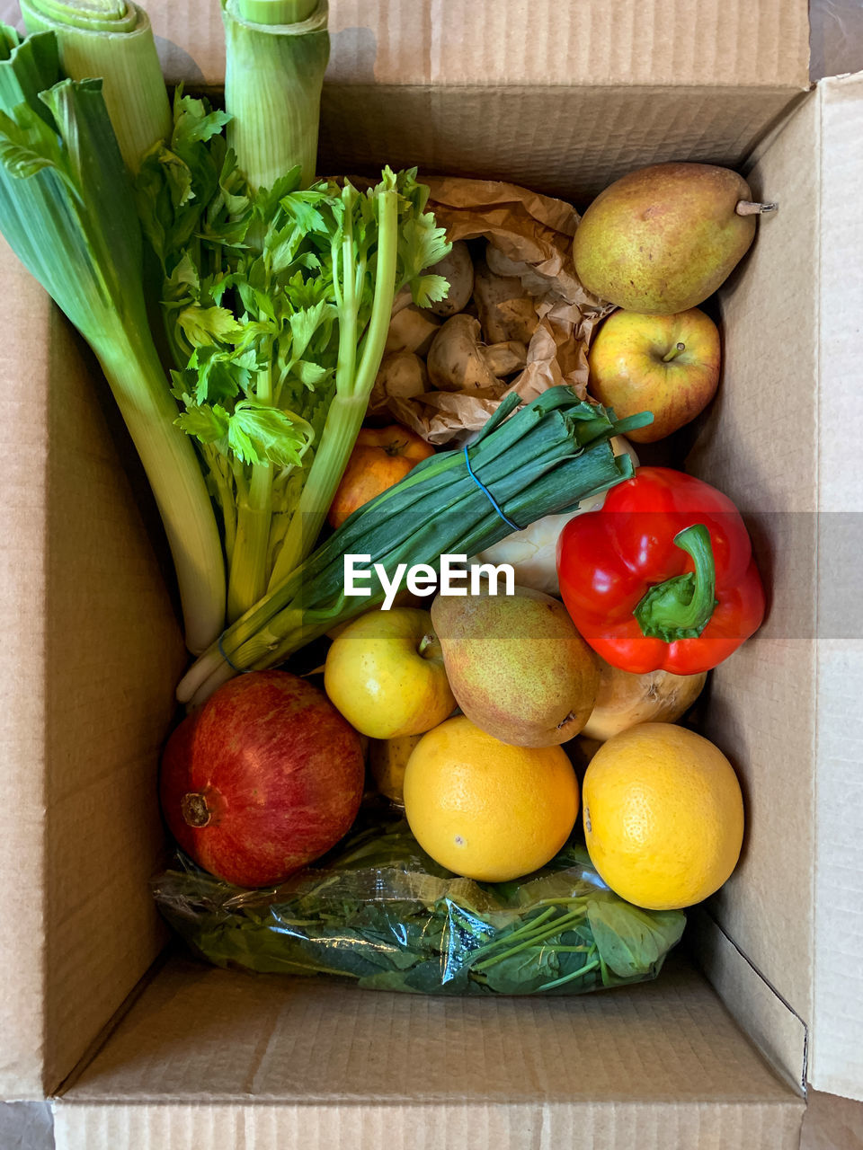Grocery shopping or delivery. box with variety of fruits and vegetables