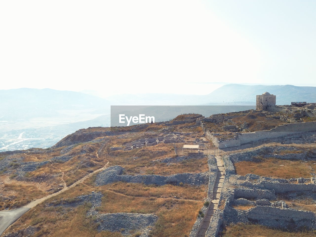 High angle view of land against clear sky