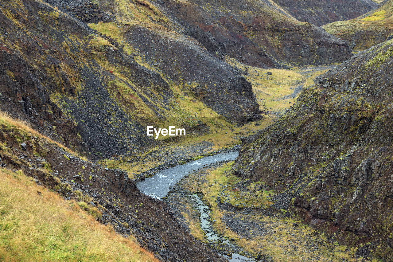 High angle view of stream flowing through rocks