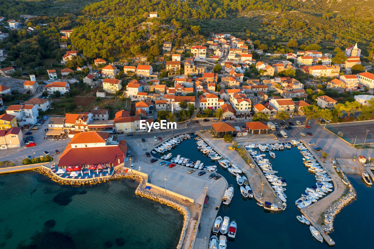 Aerial view of tkon town on pašman island, croatian adriatic
