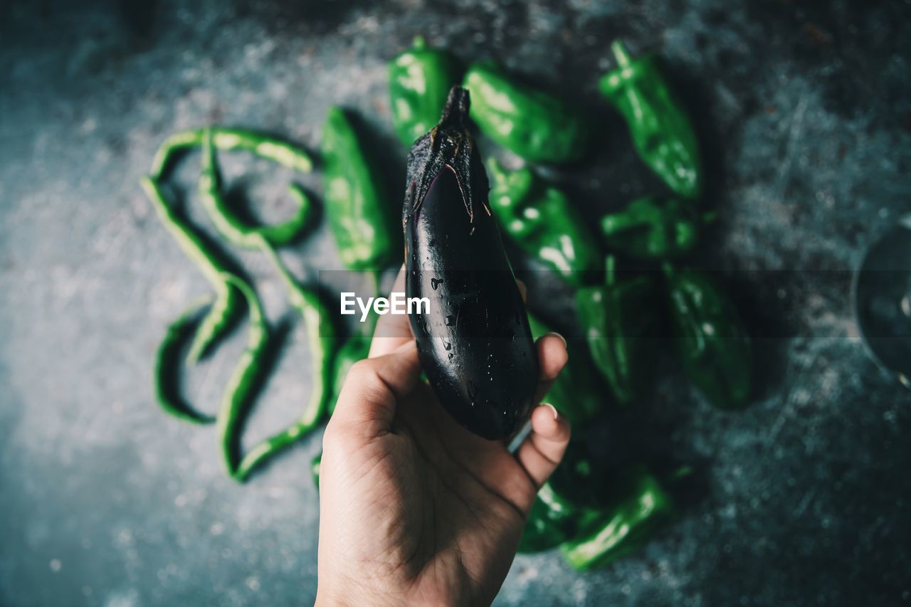 HIGH ANGLE VIEW OF PERSON HAND HOLDING FOOD