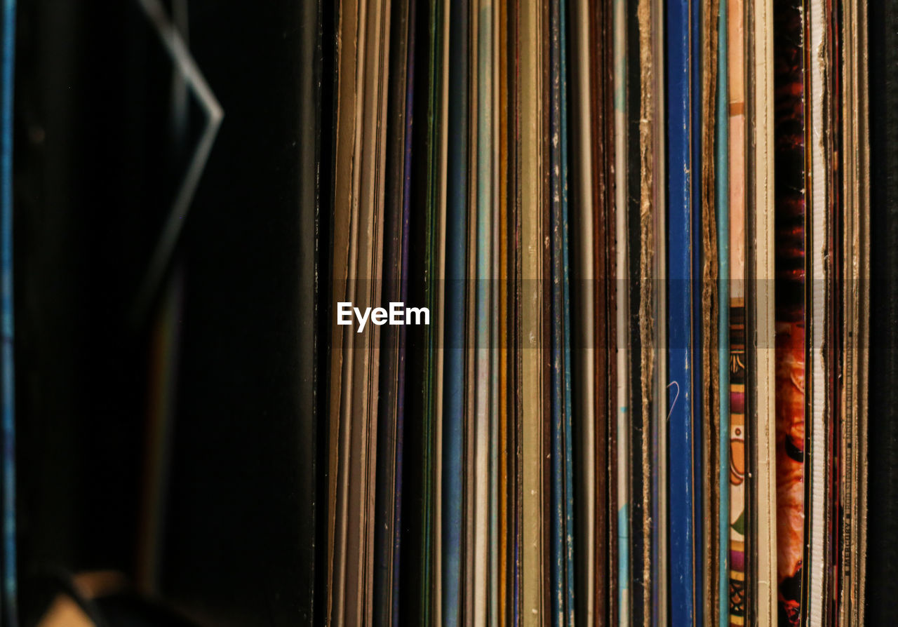 Close-up of record collection