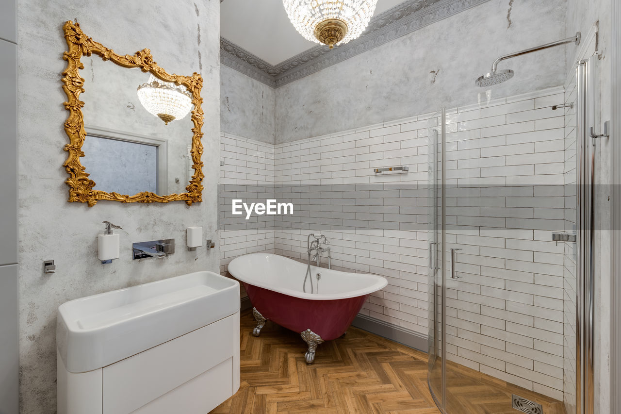 bathroom, home, room, domestic bathroom, domestic room, indoors, mirror, sink, shower, flooring, home interior, floor, bathtub, tile, hygiene, interior design, plumbing fixture, no people, tap, household equipment, luxury, faucet, architecture, wealth, house, bathroom sink, bathroom accessory, tiled floor, toilet, home showcase interior, building
