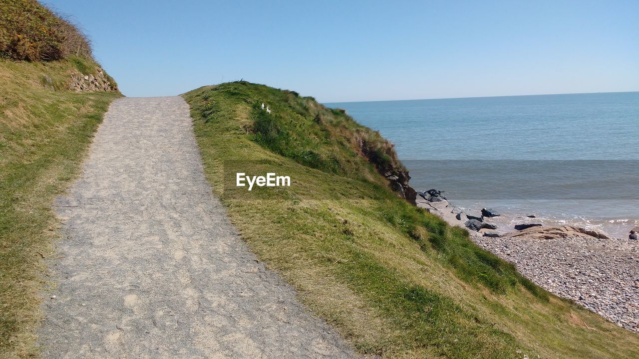 SCENIC VIEW OF SEA AND MOUNTAIN AGAINST CLEAR SKY