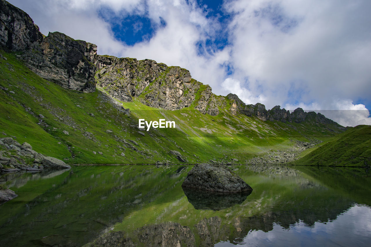 Scenic view of lake and mountains against sky