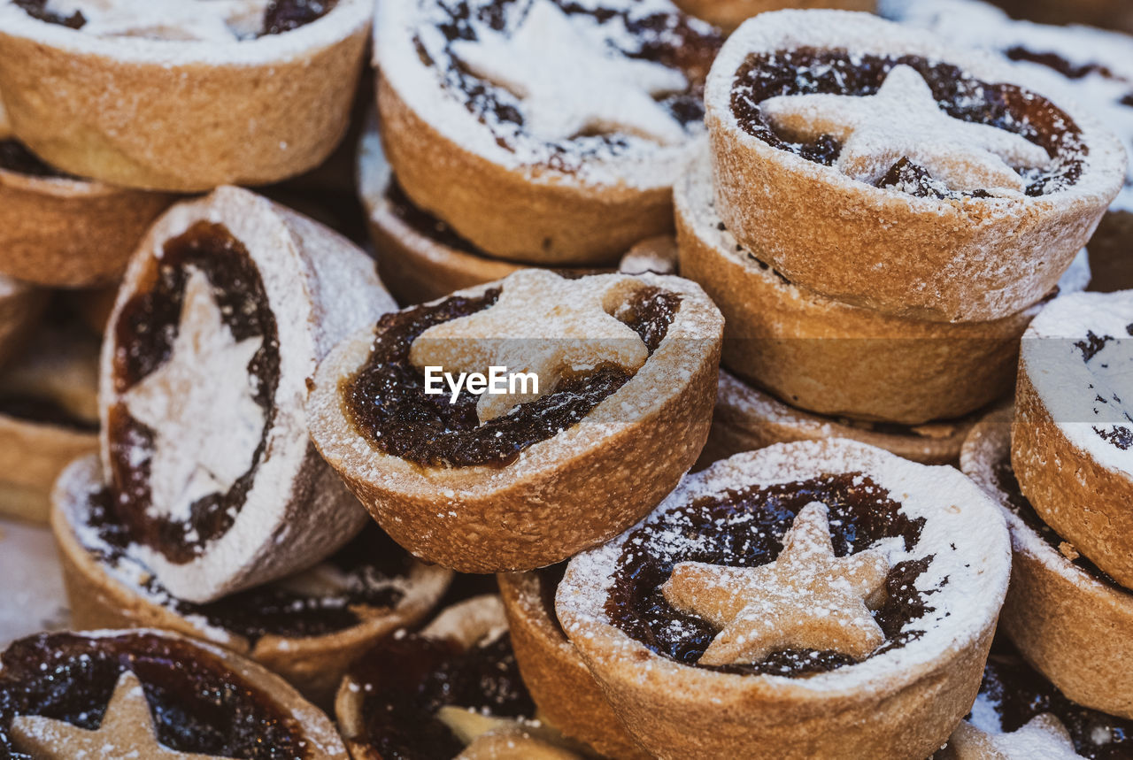 Piles of delicious artisan christmas mince pies at bath christmas market.