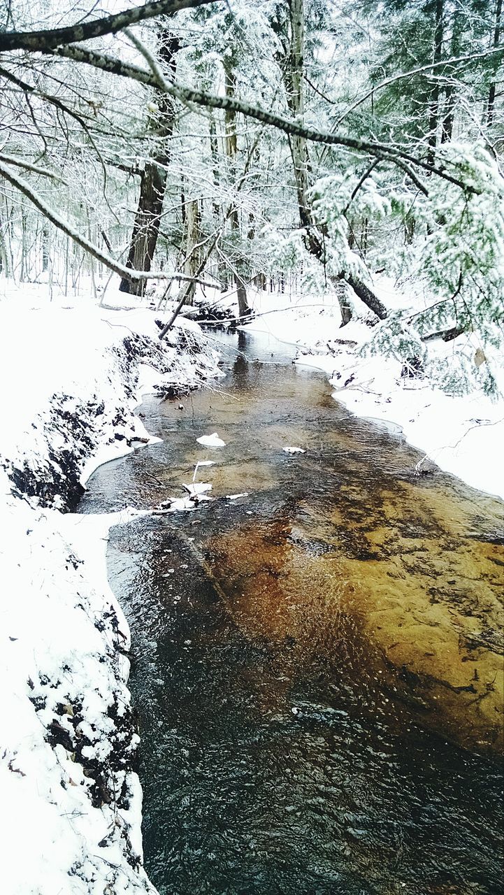 High angle view of stream amidst snow covered field at forest