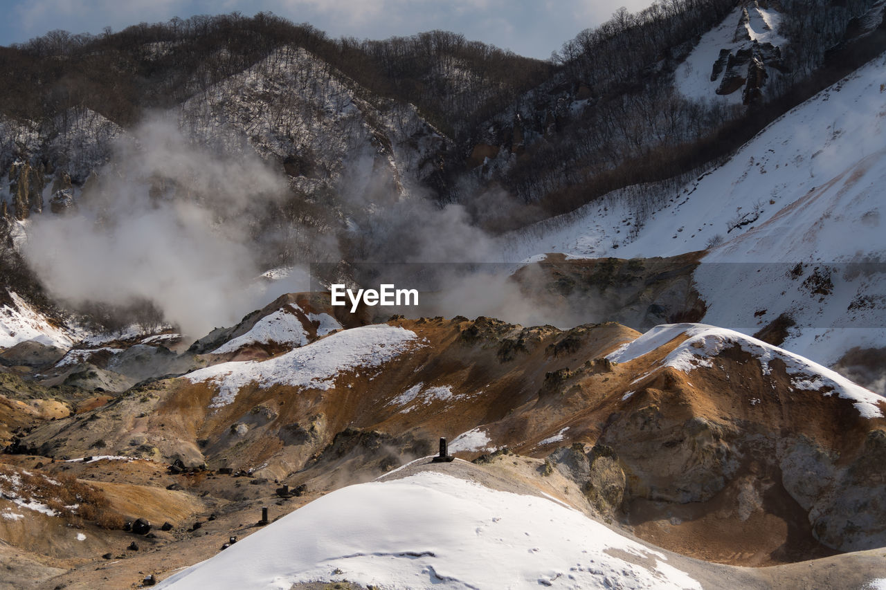 Scenic view of snow covered mountains