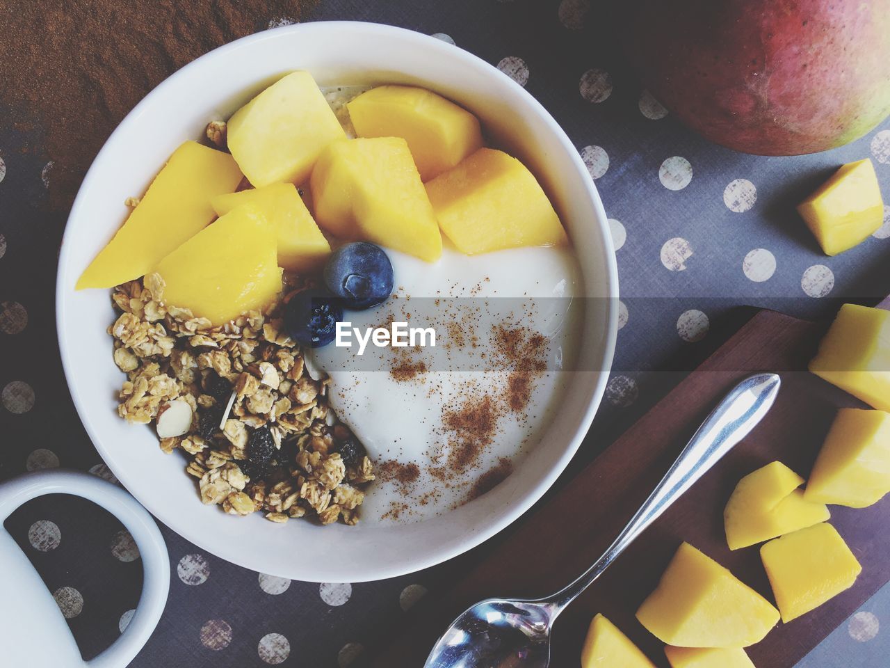 Directly above shot of breakfast in bowl on table