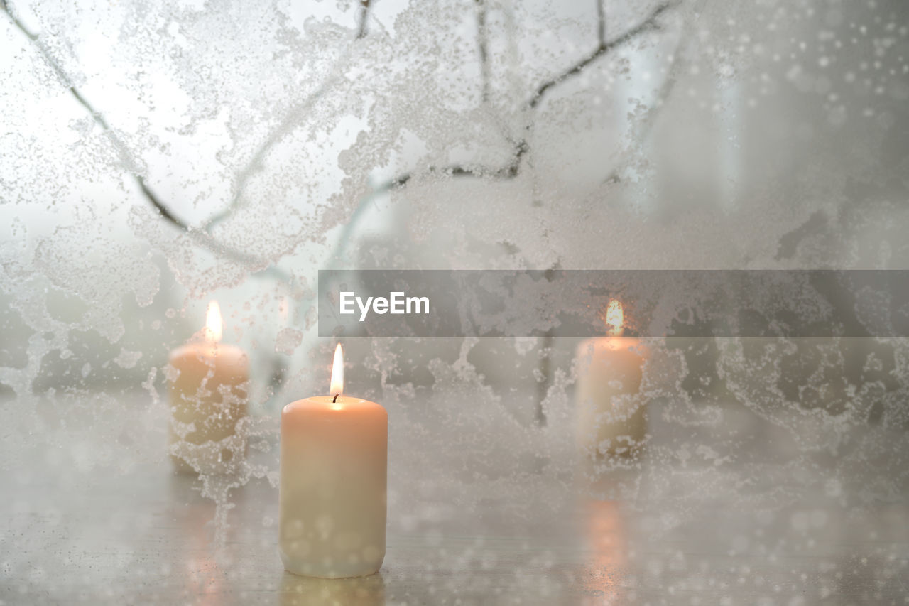 candle, burning, fire, flame, nature, heat, snow, illuminated, freezing, environment, no people, melting, white, winter, cold temperature, indoors, close-up, interior design, snowing, tranquility, glowing, plant