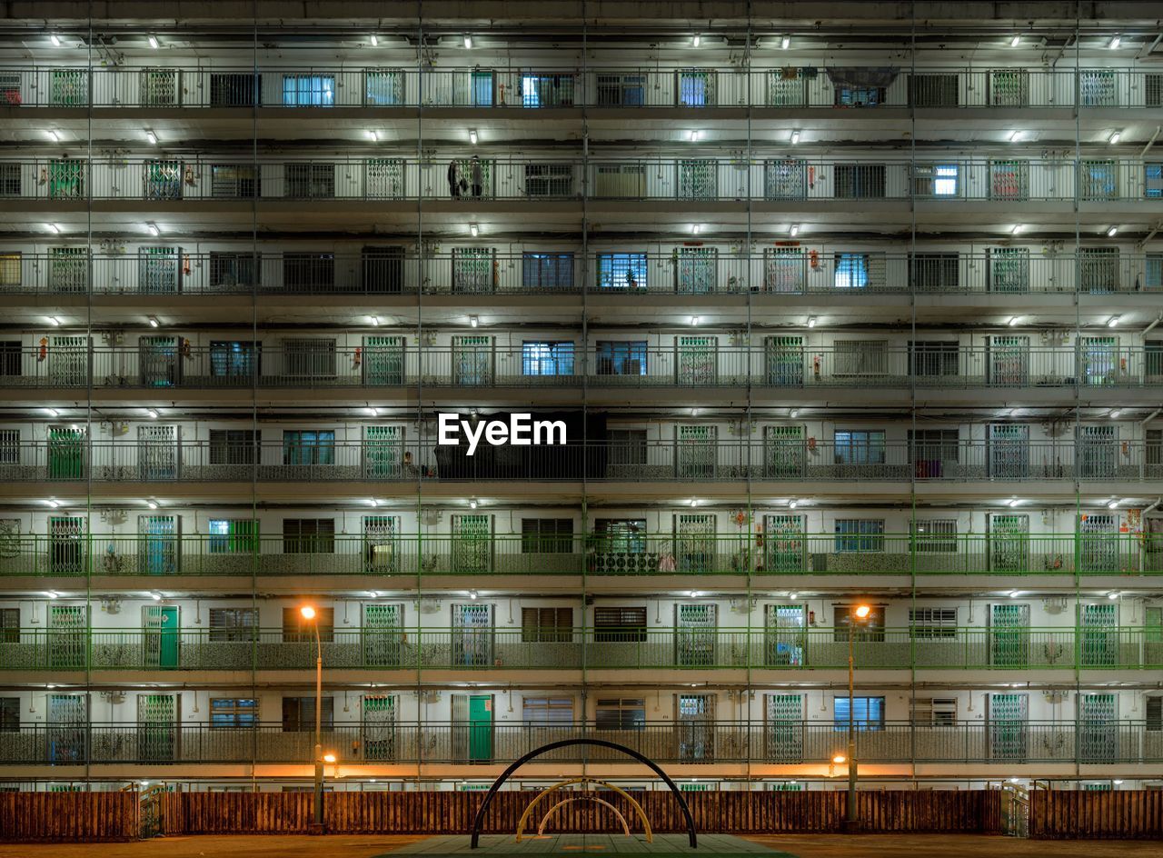 High angle view of illuminated building at night