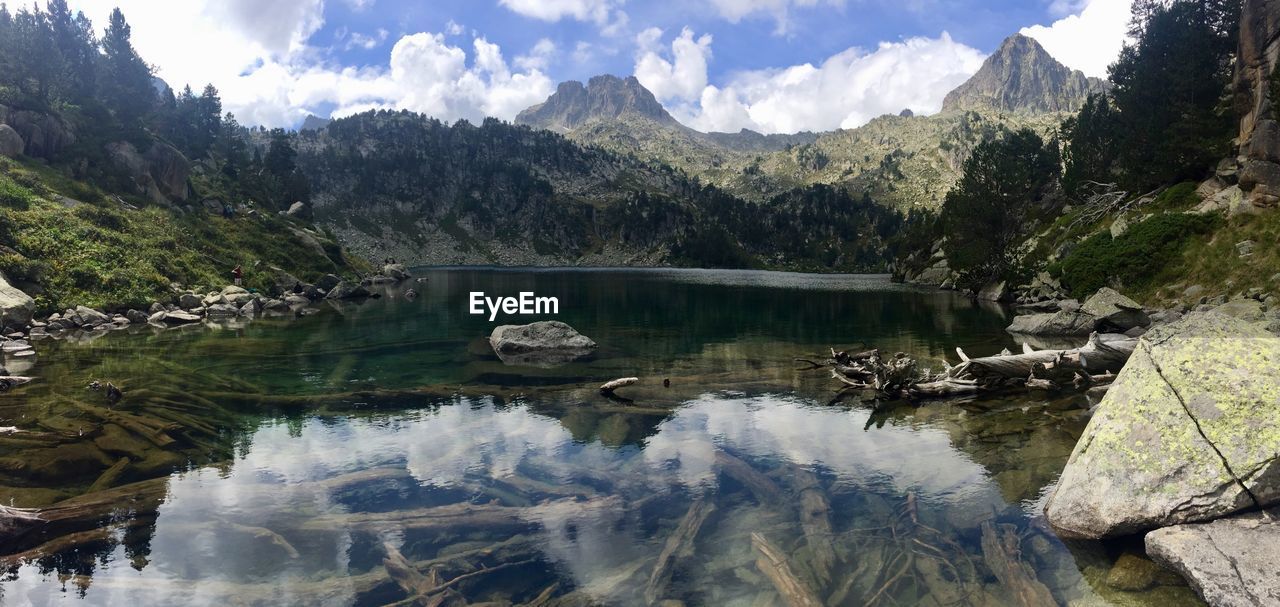 Scenic view of lake and mountains against sky