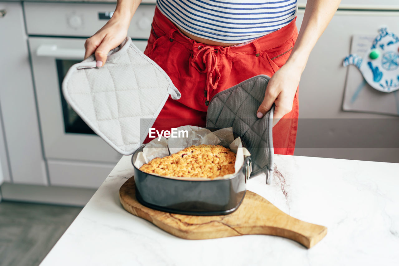 Cooking baking at home. fragrant freshly baked pie.