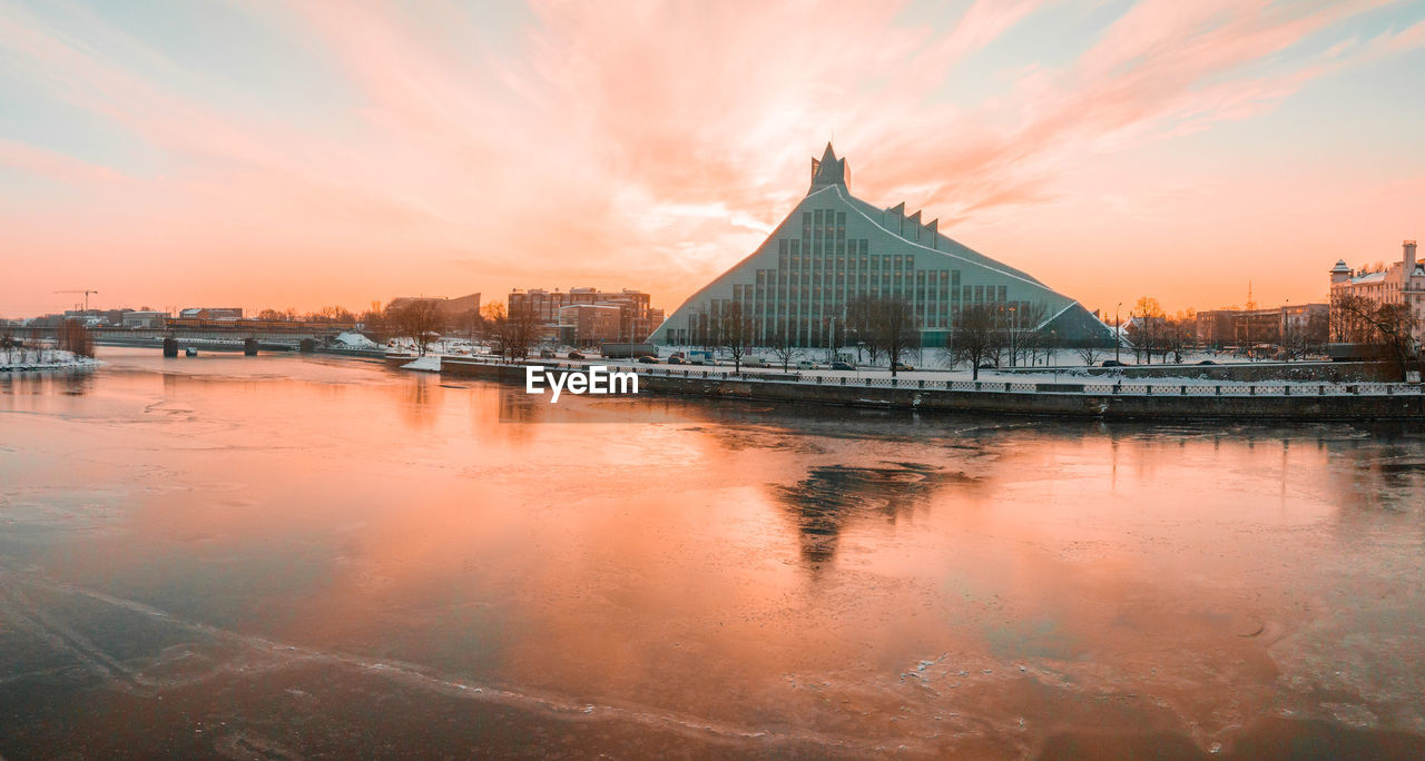 Beautiful winter view of the latvian national library.