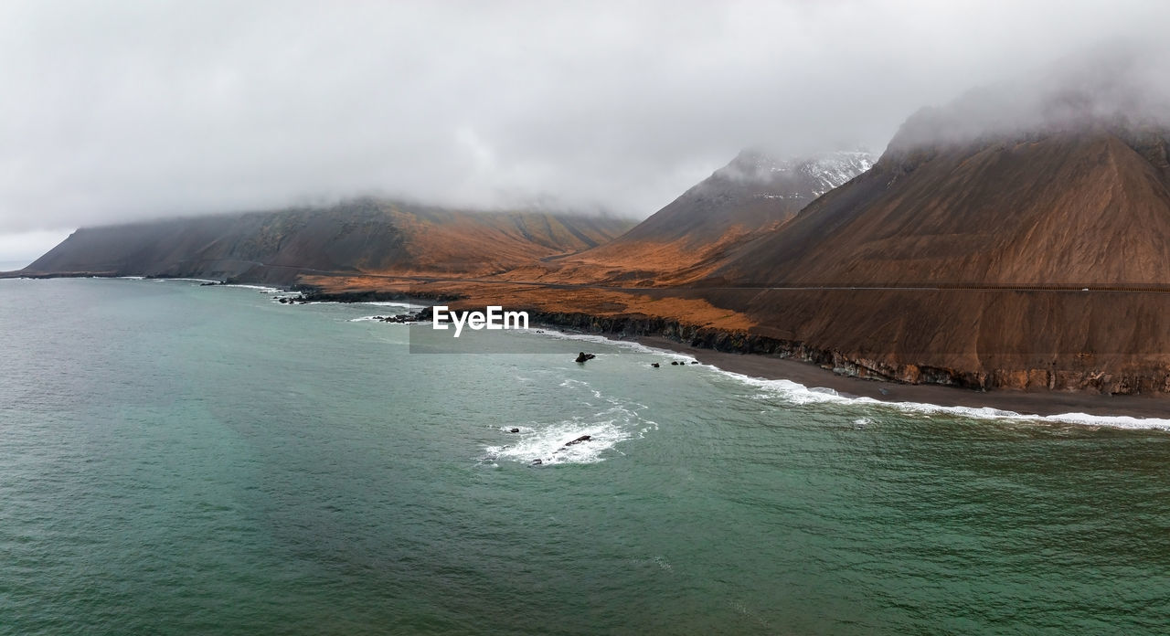 Aerial icelandic landscape at ketubjorg in the evening dusk.