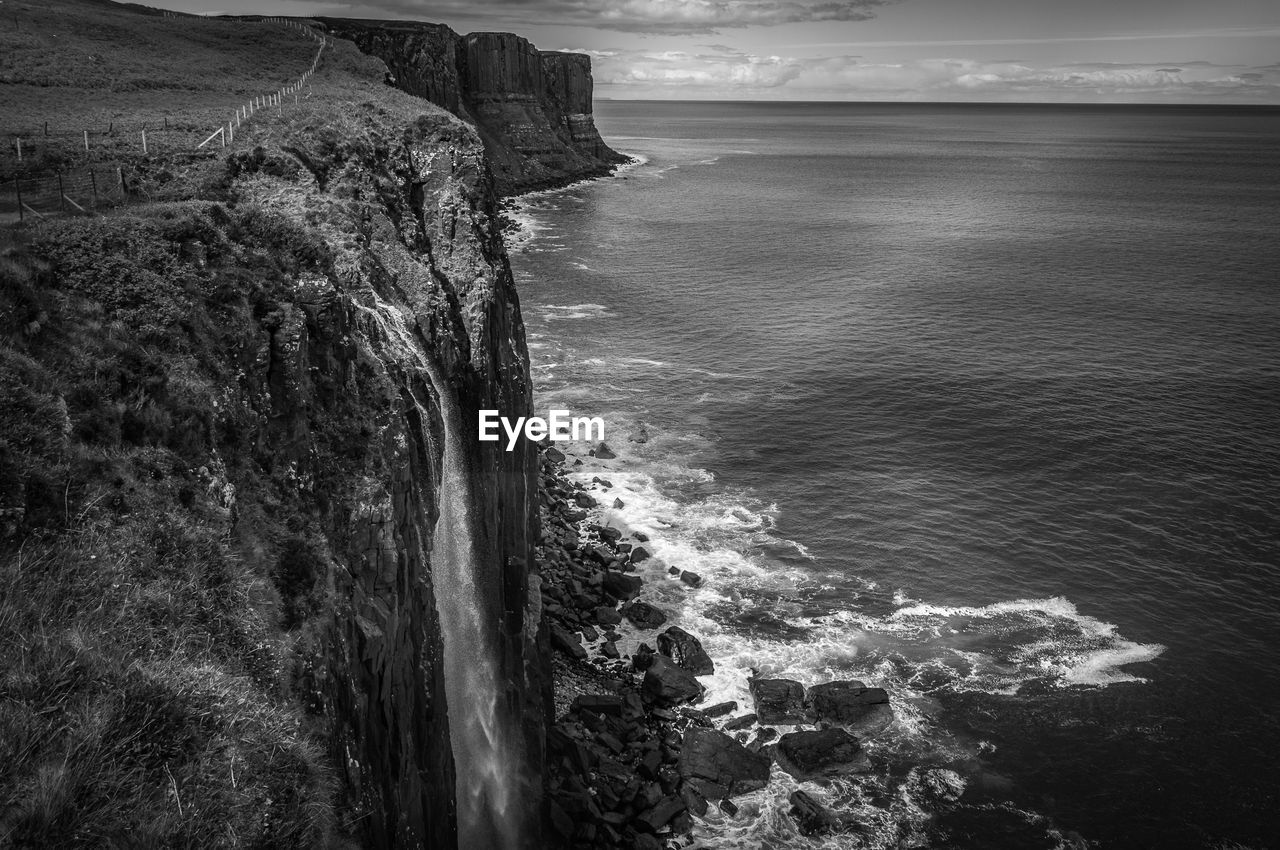 Black and white view of kilt rock and mealt falls in the isle of skye, scotland