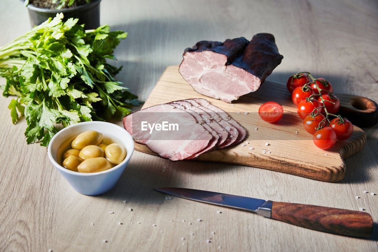 high angle view of food on cutting board