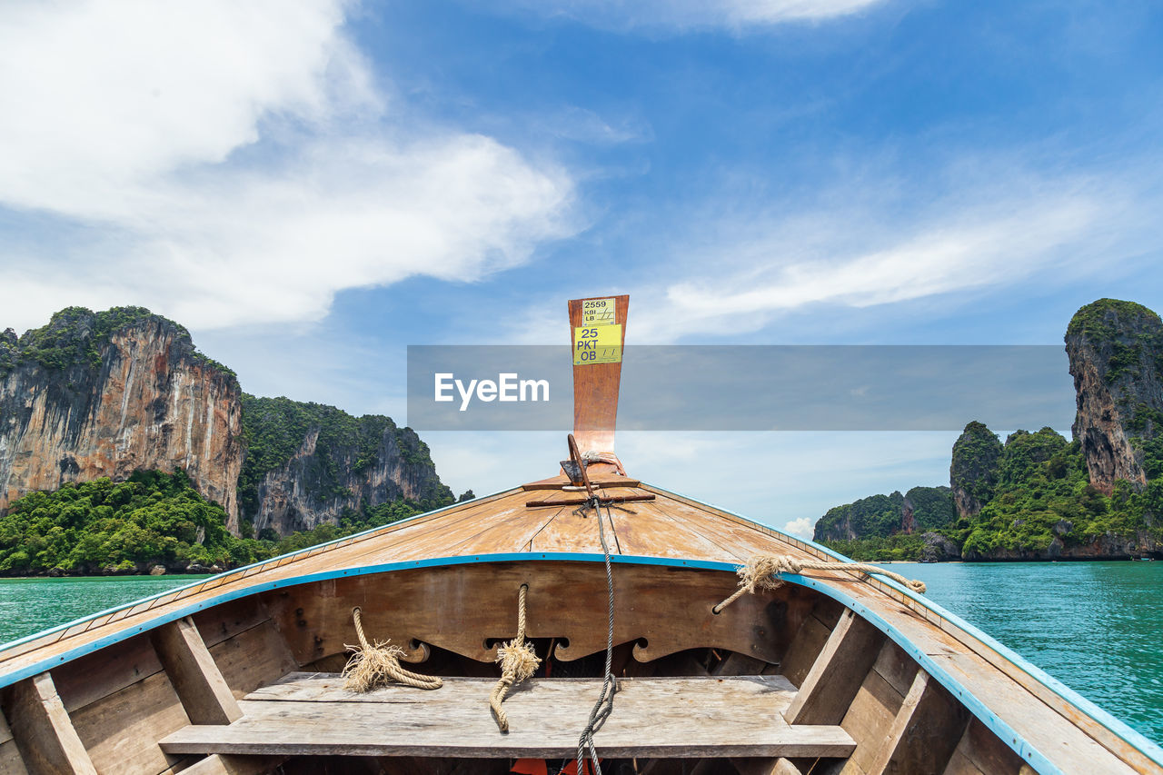 Ship nose front view long tail boat at sea in railay, krabi, andaman sea, thailand.