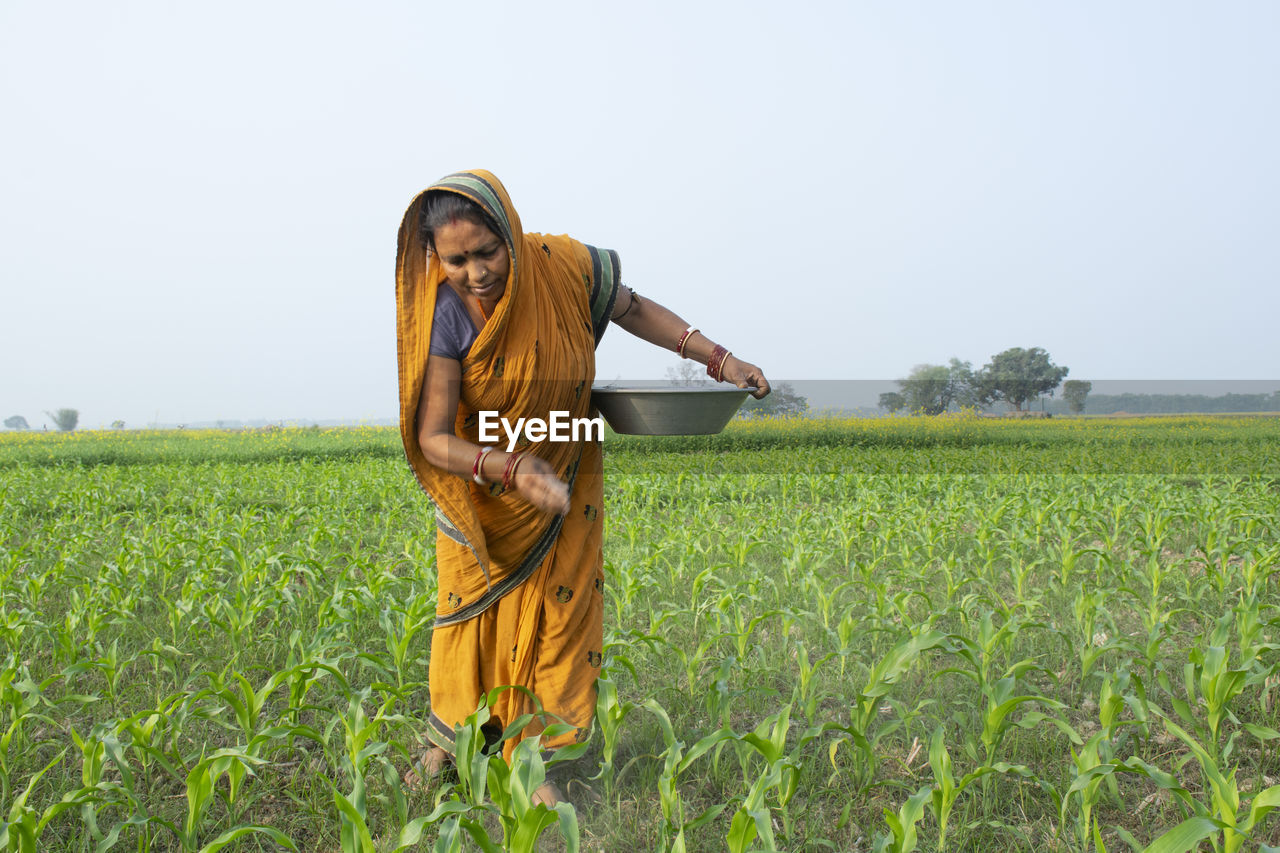 Woman farmer working in field holding fertilizer in basket