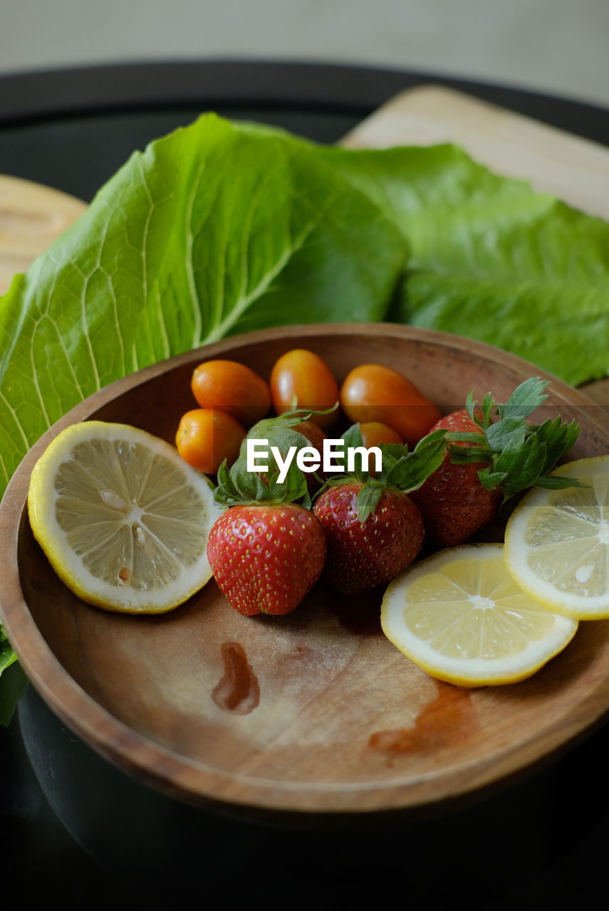 high angle view of fruits on table