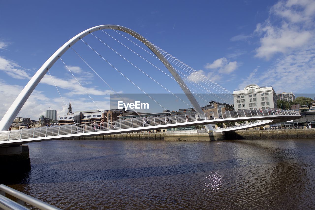 Bridge over river with city in background