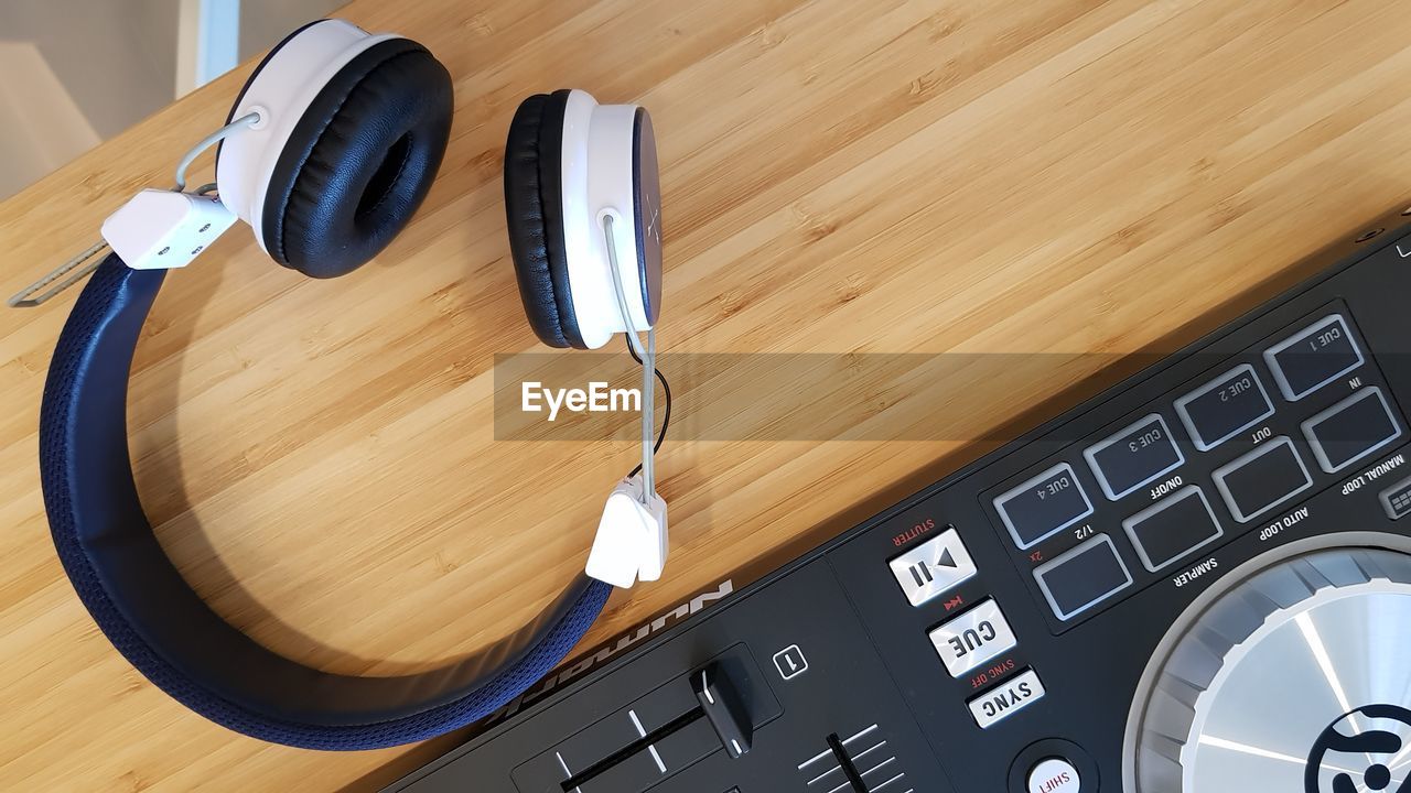 Close-up of headphones on table