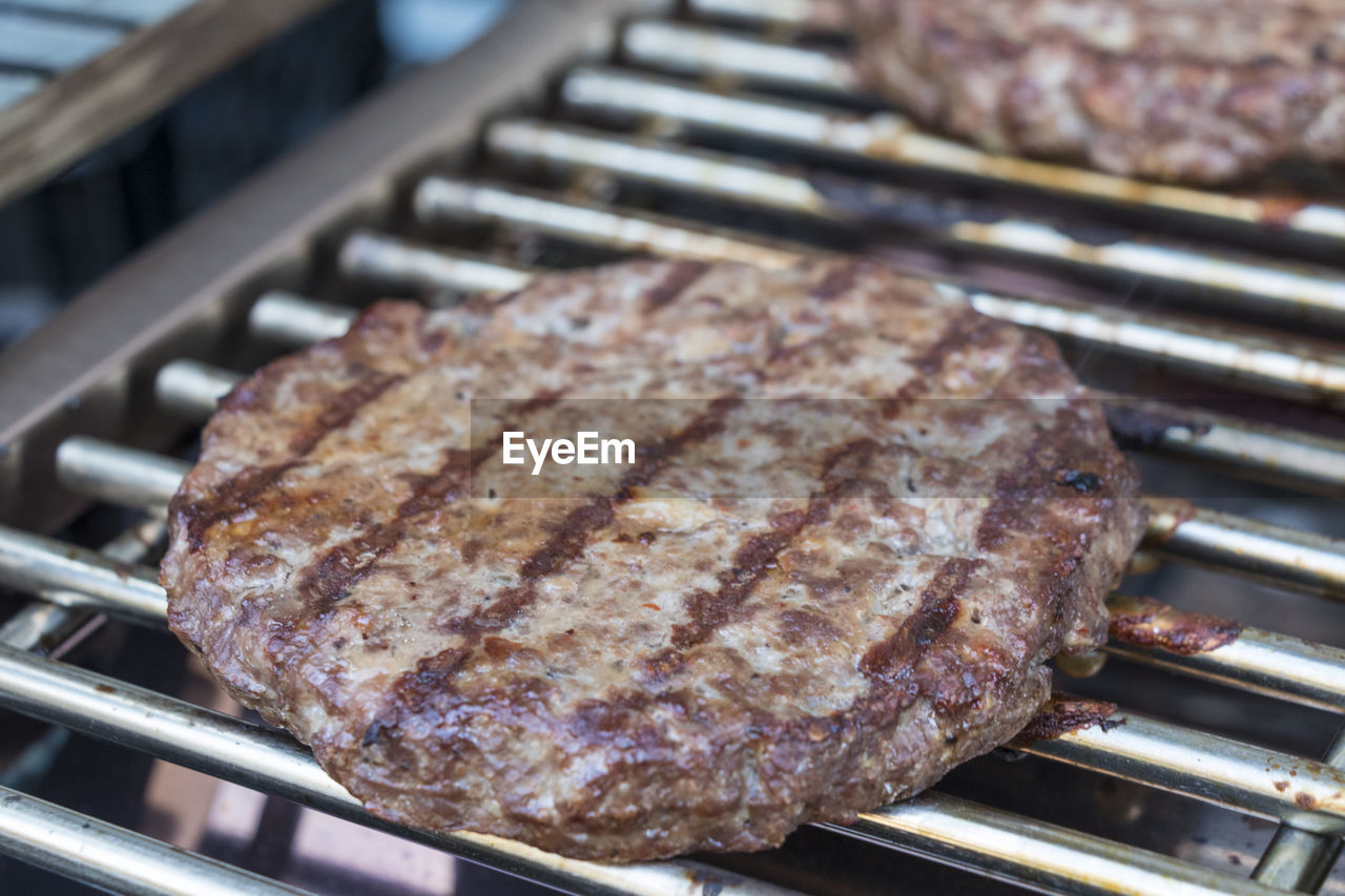 Close-up of meat on barbecue grill