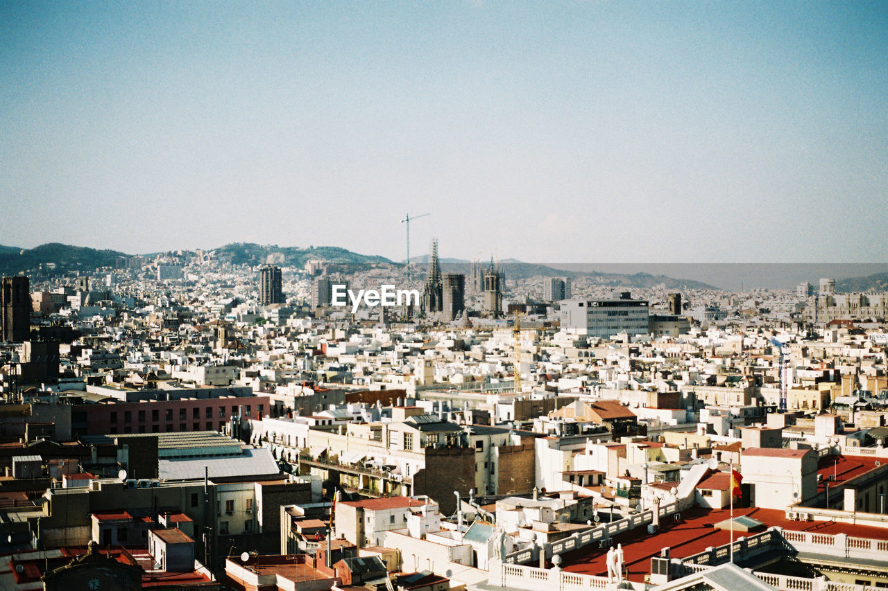 High angle view of townscape against clear sky