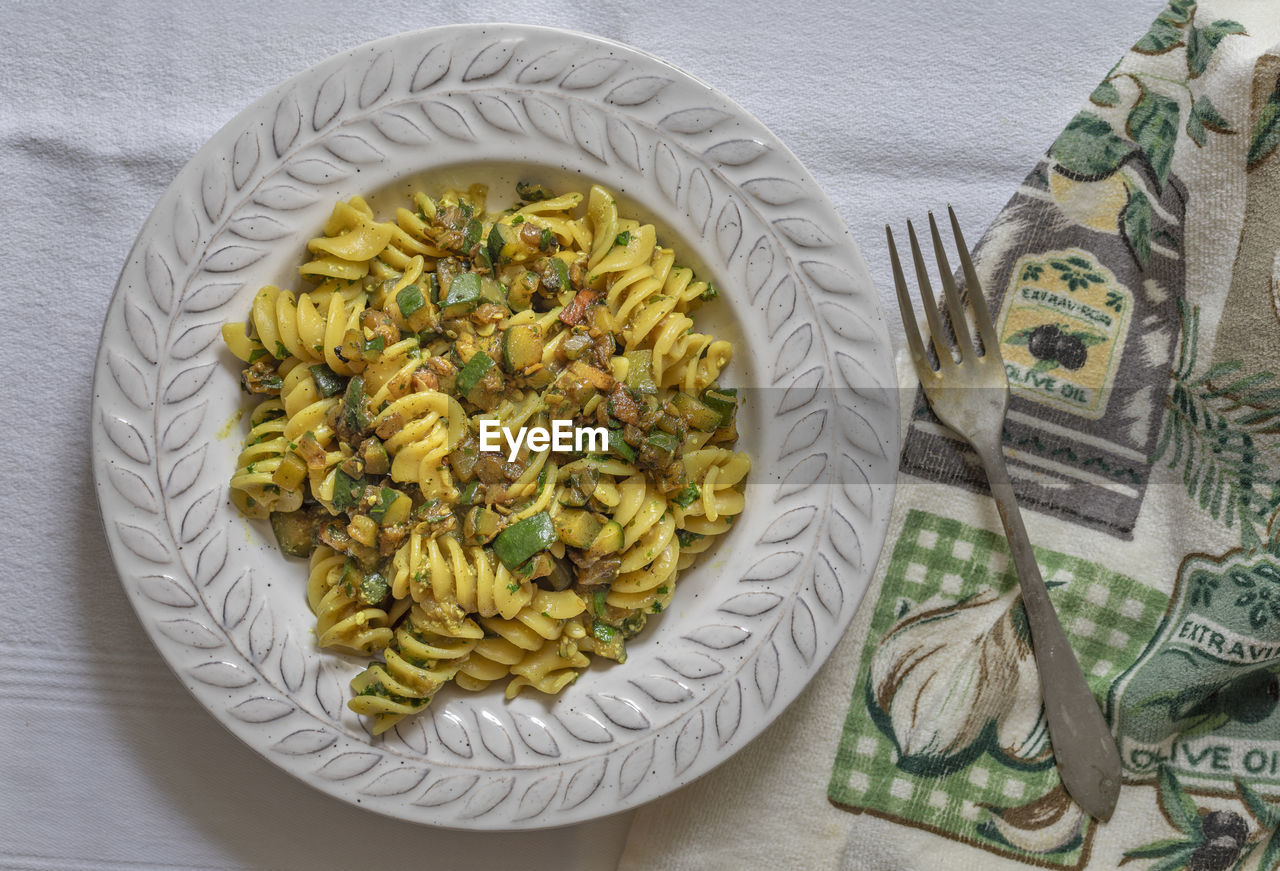 Fusilli pasta with vegetable.