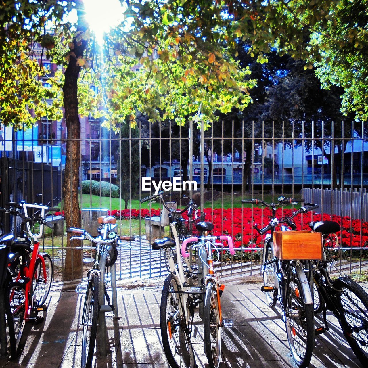 Bicycle parked by fence