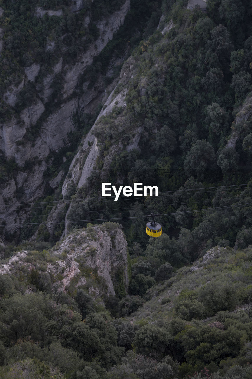 Moody green lush yellow cable car in spain