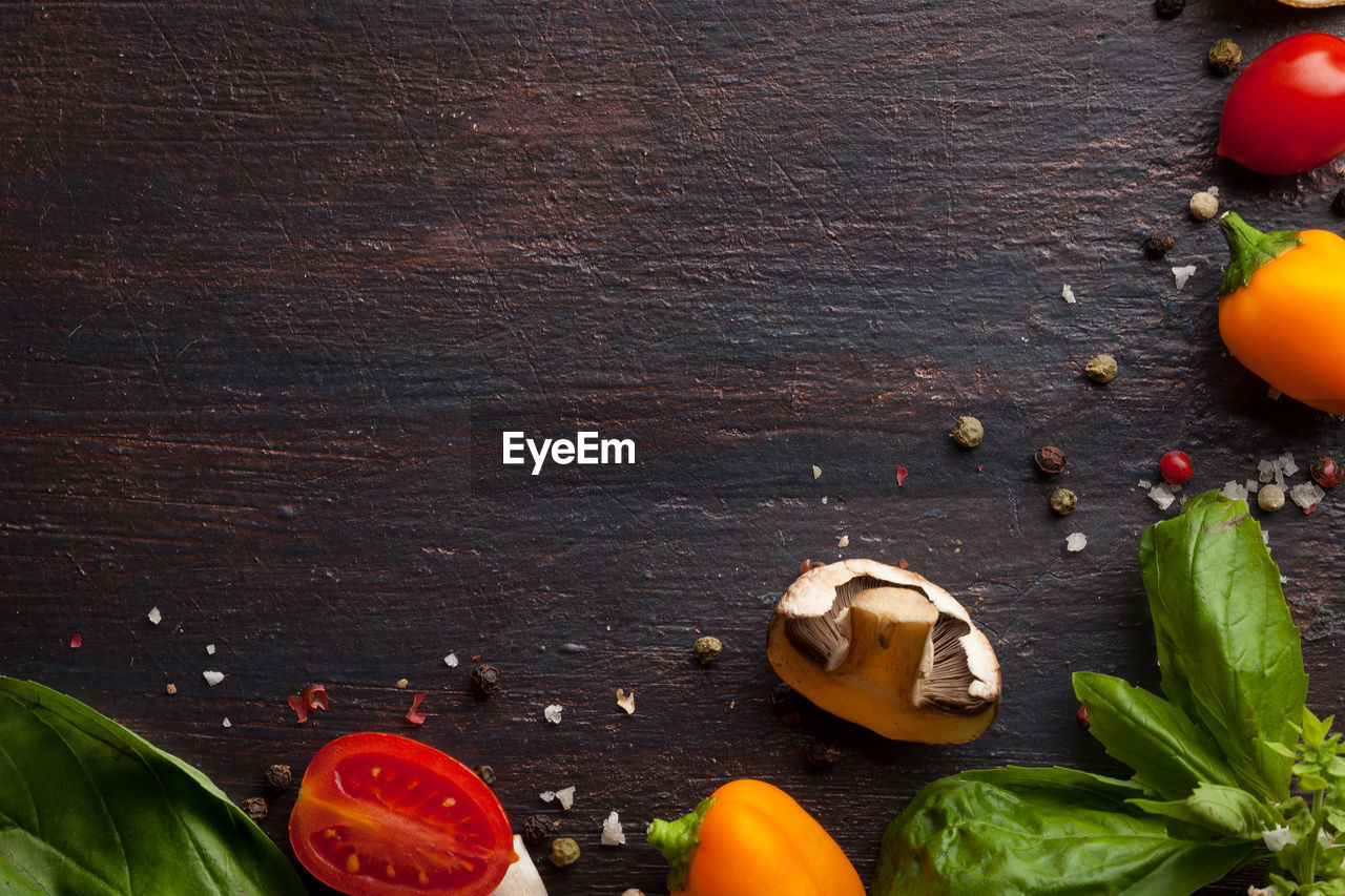 Directly above shot of vegetables and spices on table