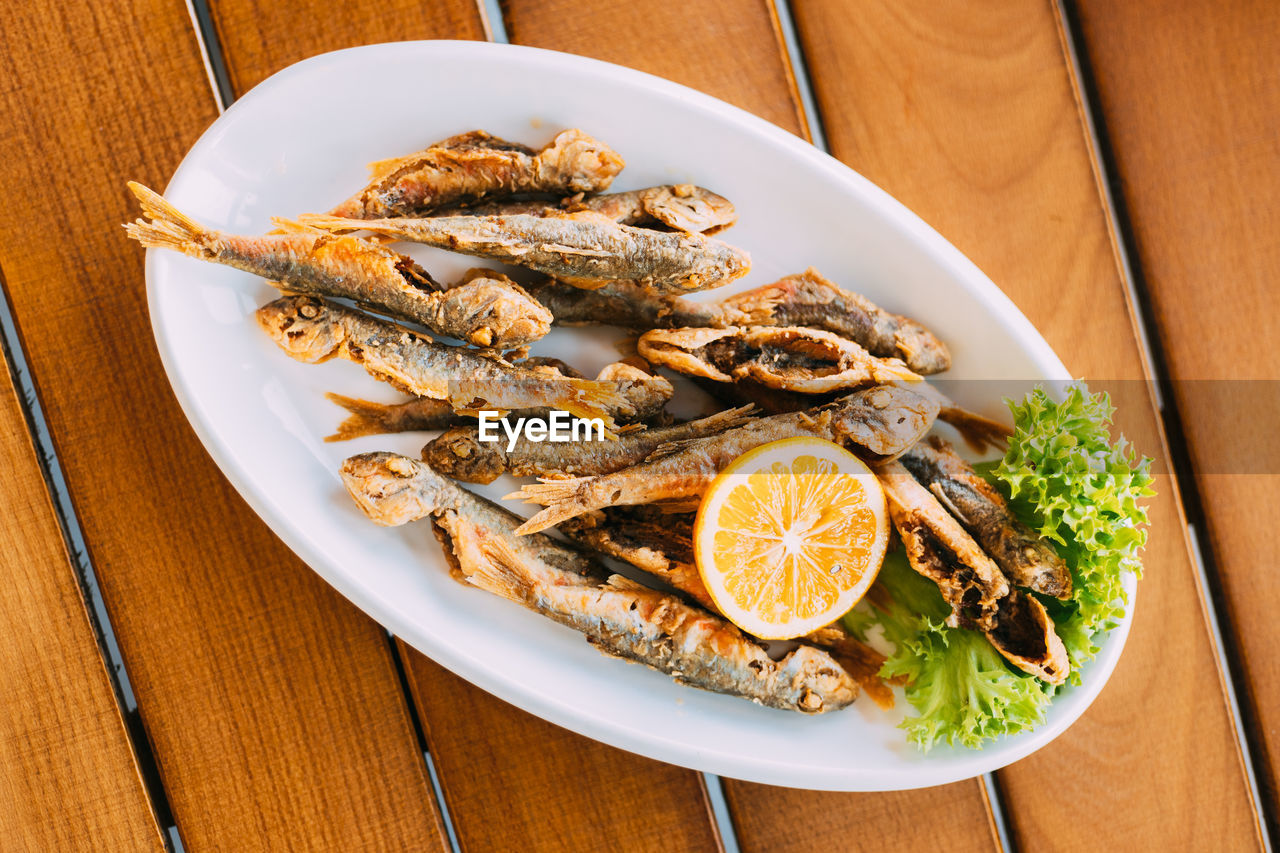 high angle view of food served in plate on table