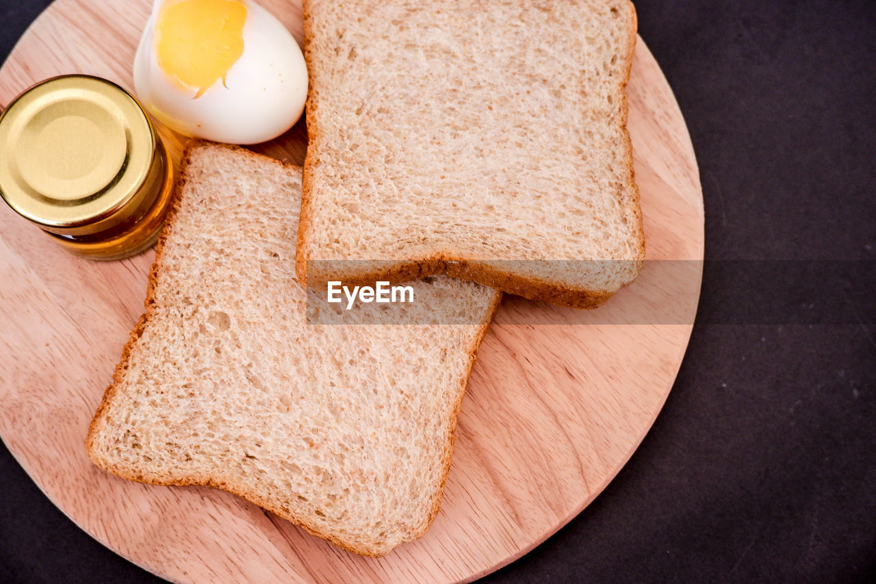 High angle view of breakfast on table, clean food
