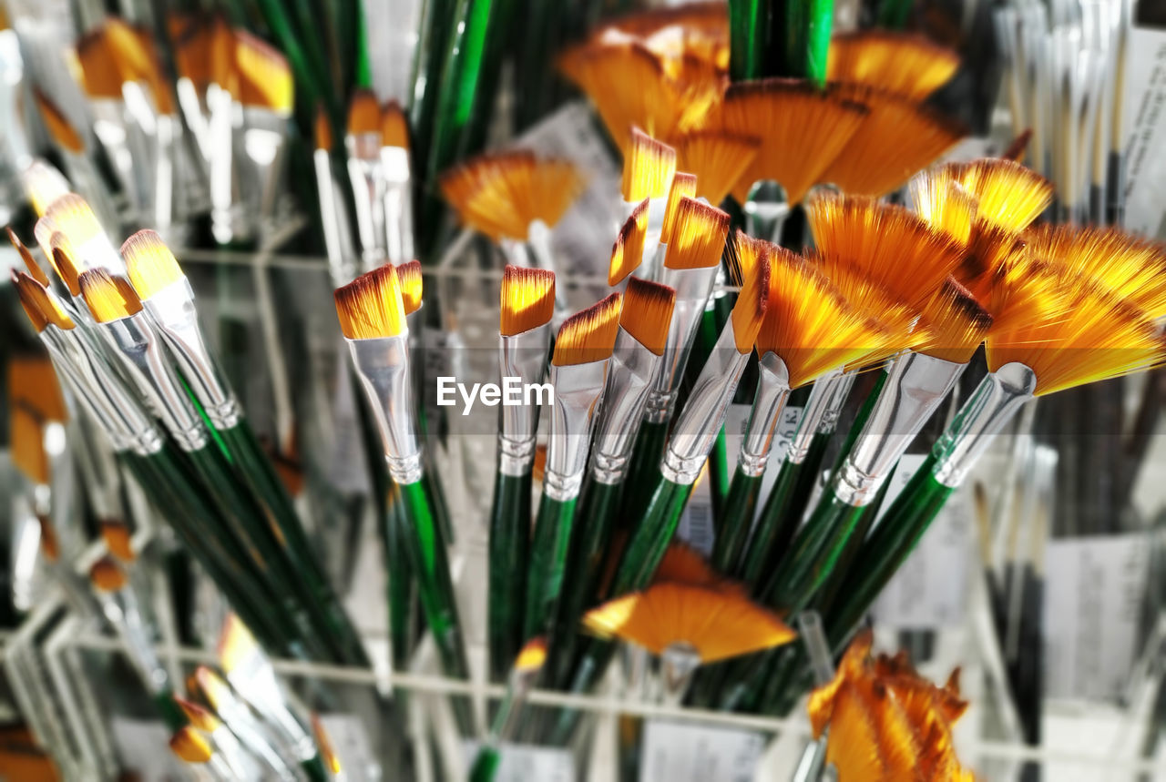 High angle view of paintbrushes for sale in store