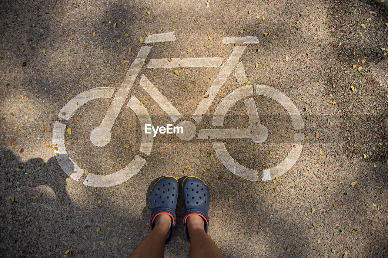 Low section of person standing by bicycle lane sign on road