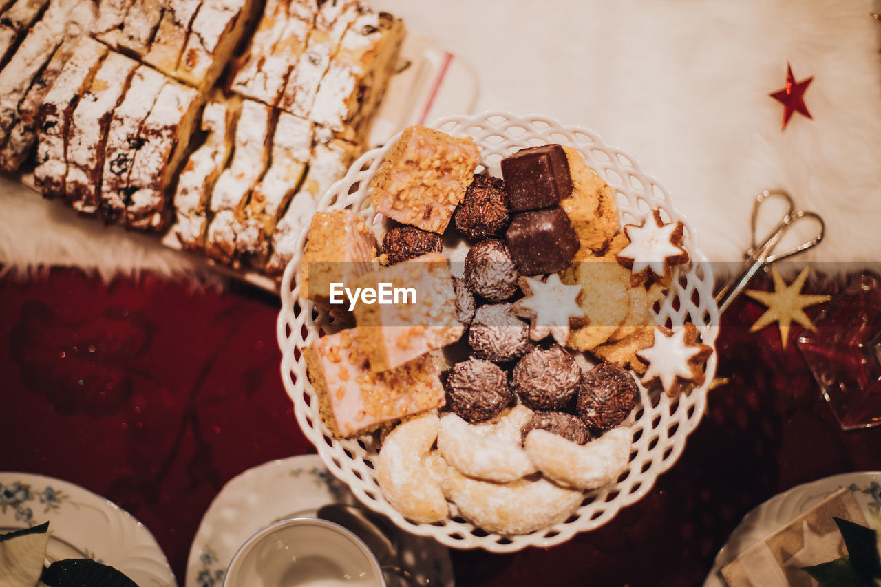 High angle view of christmas cookies