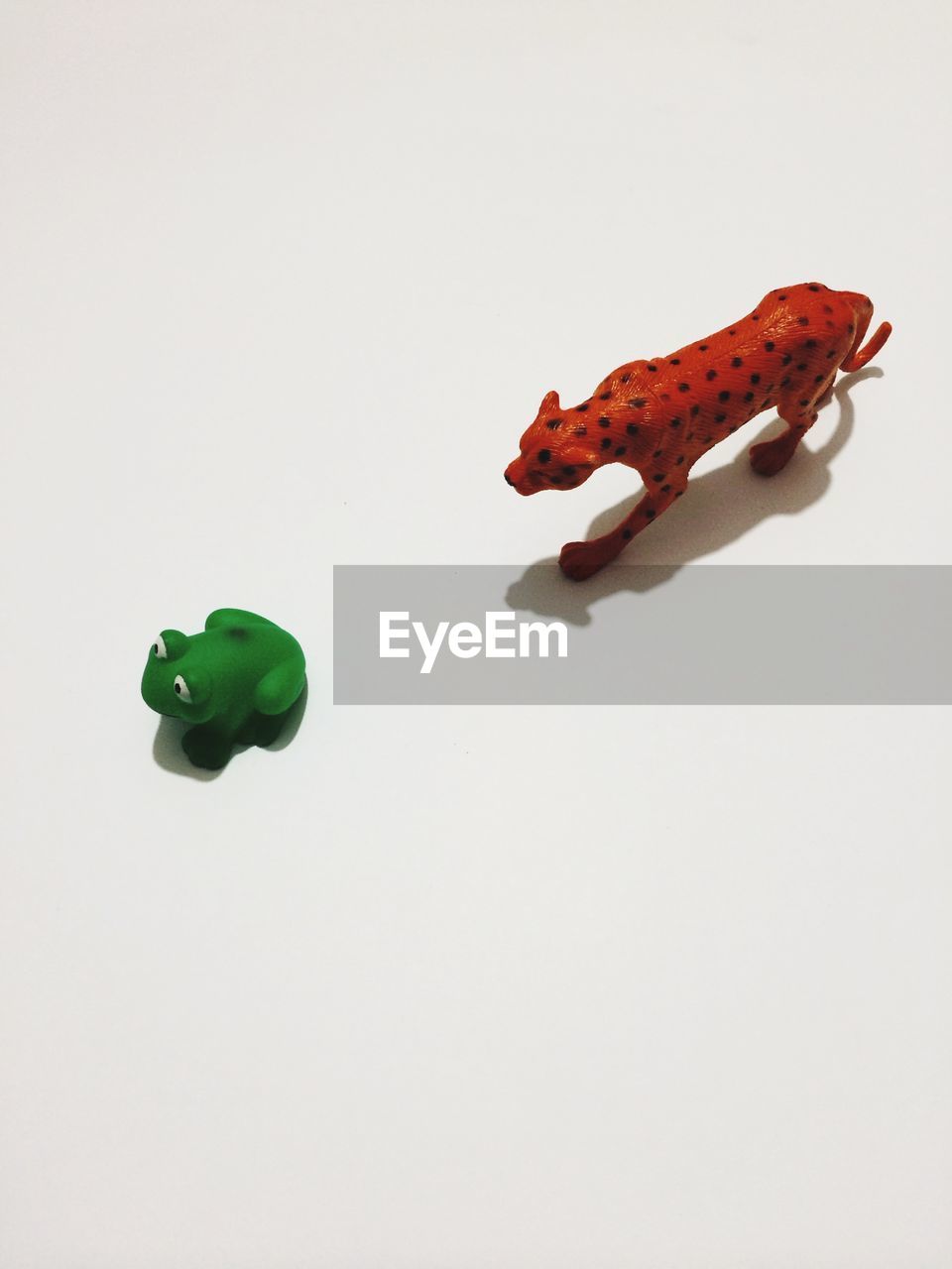 High angle view of toy tiger and frog against white background