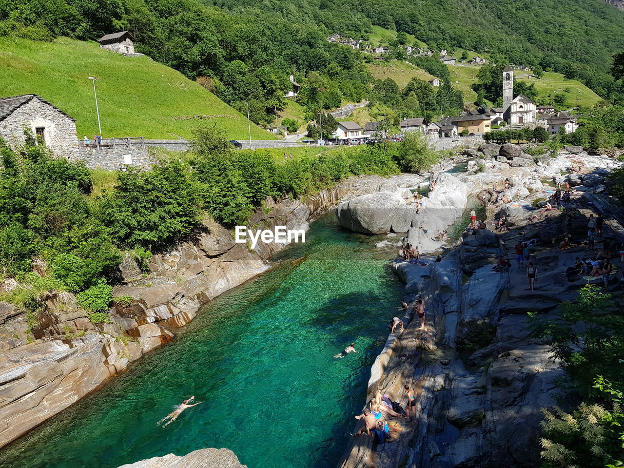 High angle view of people on riverbank